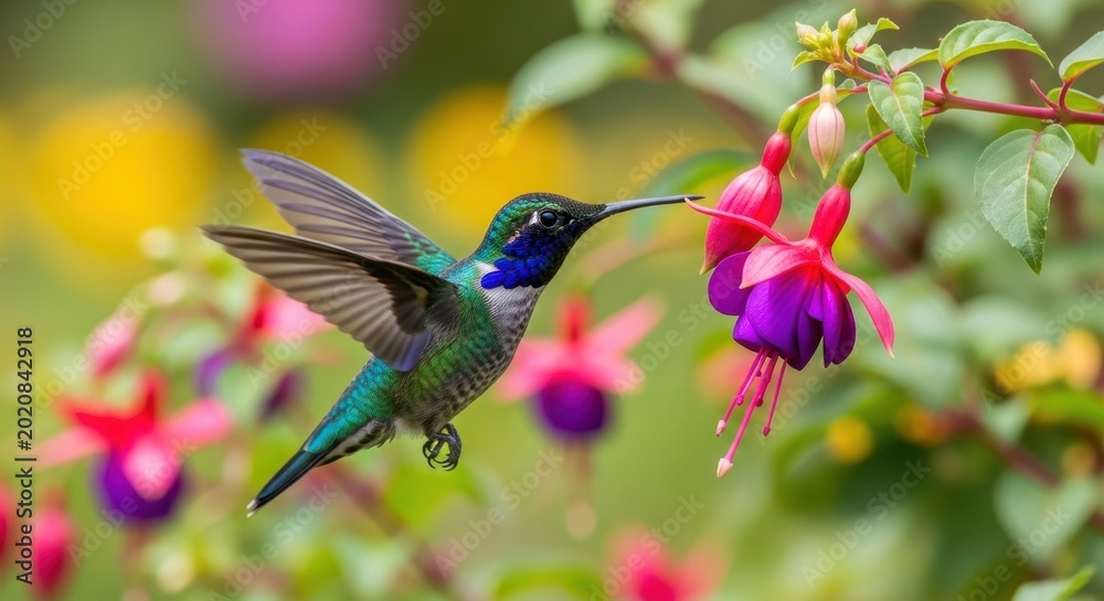 Fototapeta premium Vibrant Hummingbird Hovering and Feeding on a Fuchsia Flower.