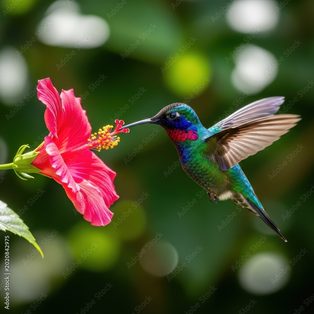 Fototapeta premium Vibrant Hummingbird Feeding on a Red Hibiscus Flower in a Lush Garden.