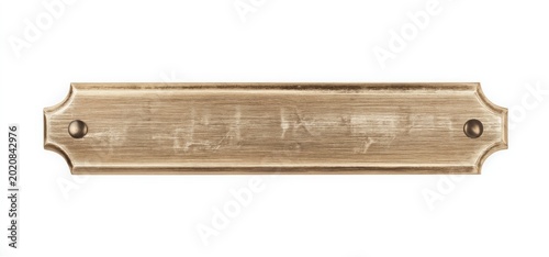A vintage brass nameplate with a weathered, scratched surface and two screw holes on each side for mounting.