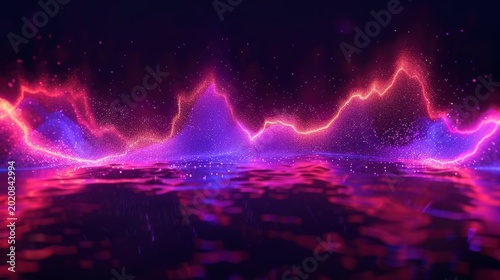 a stylized sound wave rendered in neon pink and purple particles, set against a deep purple backdrop. the wave is horizontally centered, displaying a consistent, symmetrical rhythm with varying amplit