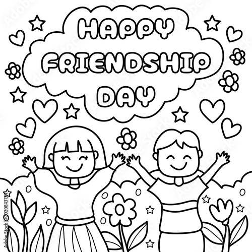 Bild auf Leinwand Happy friendship day coloring page for kids with cheerful boy and girl, cute hea