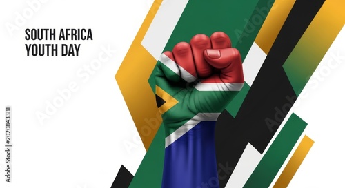 South Africa Youth Day fist raised, national flag painted, abstract background