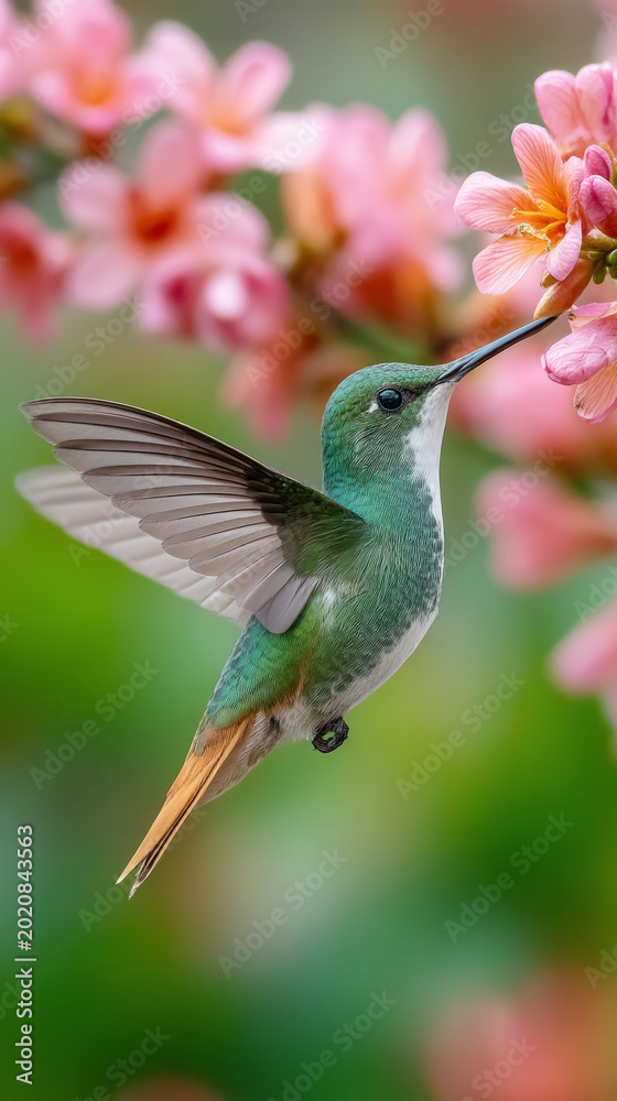 Fototapeta premium Hummingbird feeding on pink blossoms in vibrant greenery
