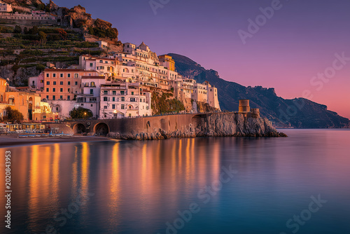 Amalfi, beautiful Italian Coastal Town At Sunset Long Exposure