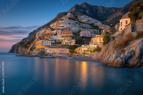 Sunset Over Amalfi Coast With Pastel Cliffside Houses