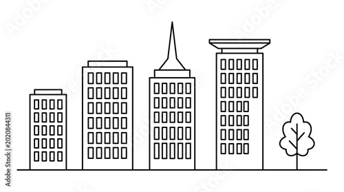Urban city skyline outline with modern buildings and a single tree illustration