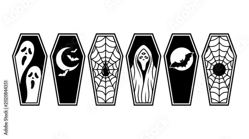 Photos Halloween coffin icons with spooky designs halloween spiderweb celebration