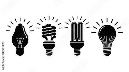 Photos Set of four different glowing light bulb icons showing various styles
