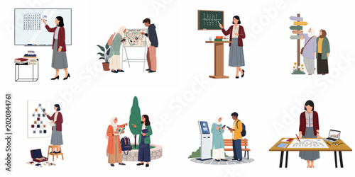 Collection of diverse university students and professors engaged in various academic activities, teaching, and navigating campus life on a white background.