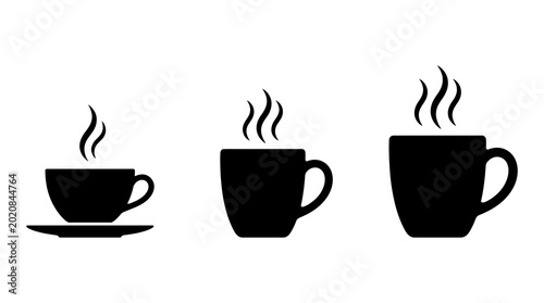 Fotografie Steaming coffee cups and mugs icons set with hot beverage steam, line art