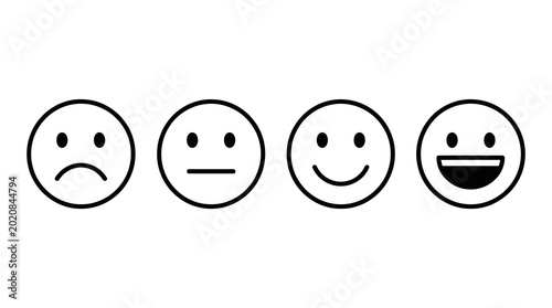 Four distinct emoticons depicting various emotional states, from sad to very