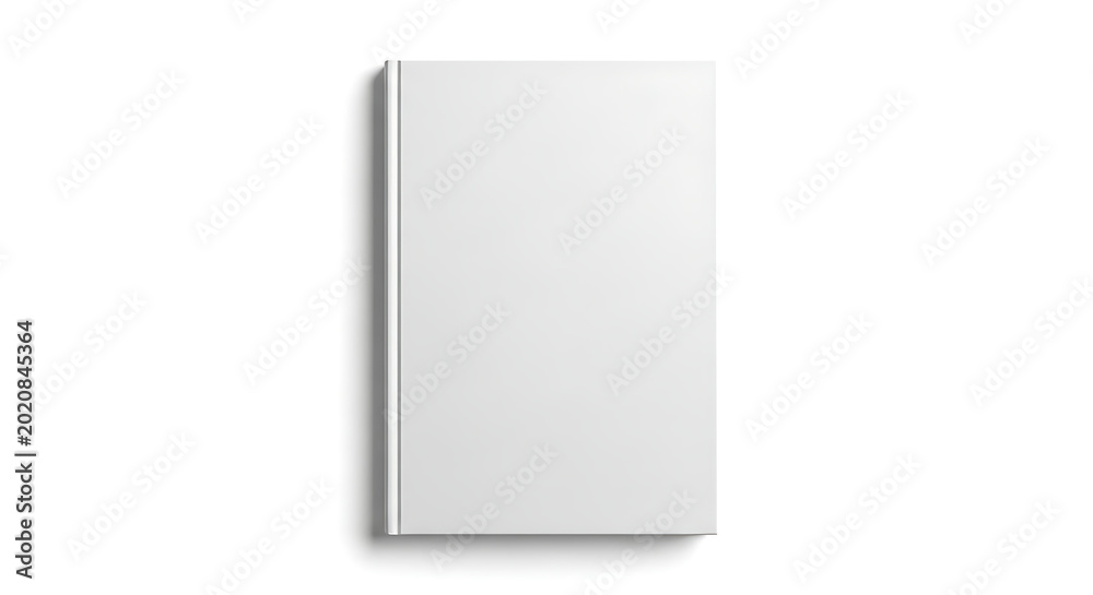Fototapeta premium Plain white book cover with a subtle spine detail isolated on a bright white background in a studio setting for product mockups and presentations