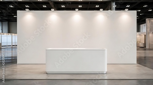 Minimalist White Booth Displayed in a Spacious Exhibition Hall with Overhead Lighting.