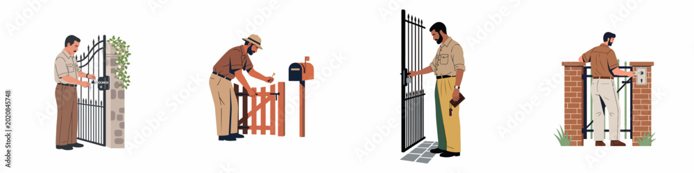 Ταπετσαρία Vector illustrations of men opening and locking various house and garden gates with keys, including metal, wood, and brick fence designs