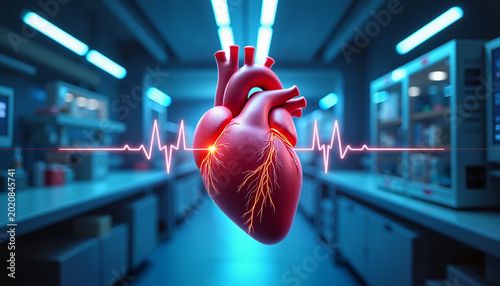 Anatomical heart showcasing heartbeat line in futuristic lab, medical technology