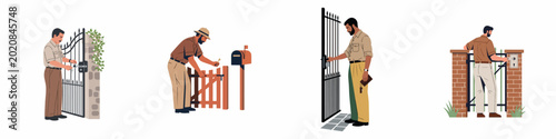 Εκτύπωση καμβά Vector illustrations of men opening and locking various house and garden gates with keys, including metal, wood, and brick fence designs