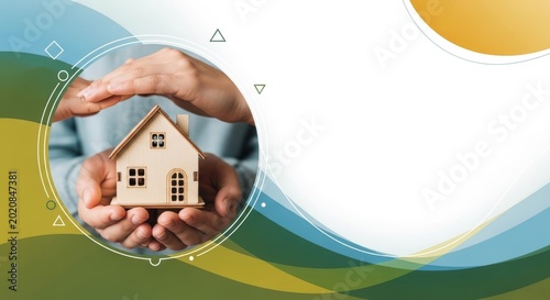 Hands sheltering miniature house inside abstract circles.