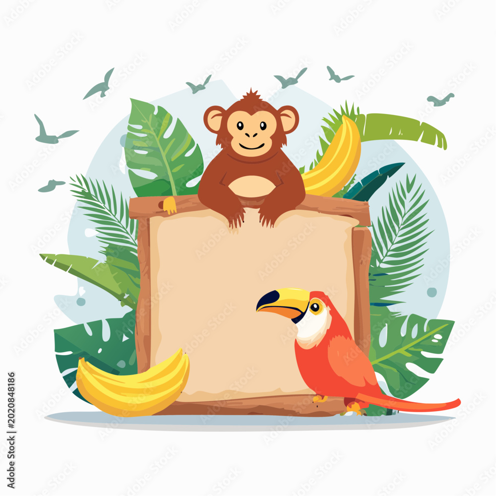 Fototapeta premium Monkey and Toucan with Tropical Leaves and Bananas