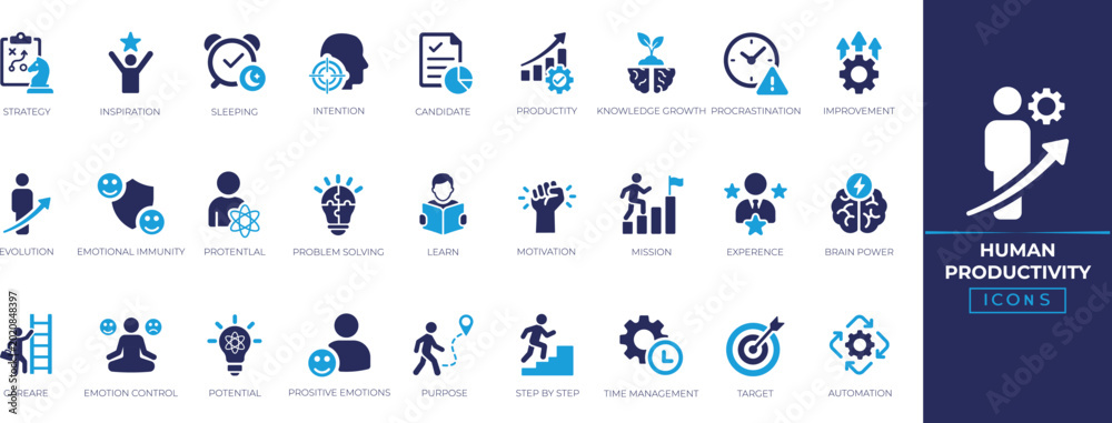 Fototapeta premium Human productivity icon set. Containing human, improvement, efficiency, task, focus, target, growth, routine and more. Solid icons collection.