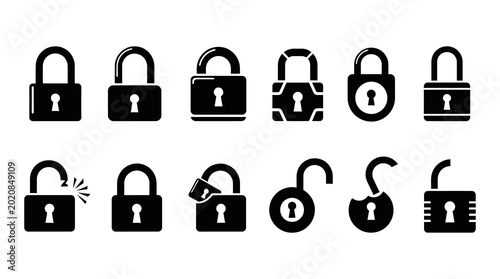 Tableau sur toile Padlock security icons set with open and closed lock symbols security password