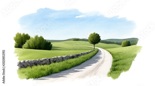 Peaceful countryside landscape with winding road and green fields