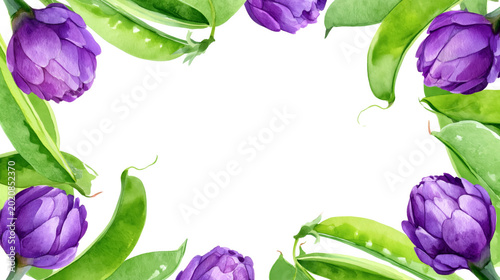 Purple peonies and green leaves watercolor border on white background
