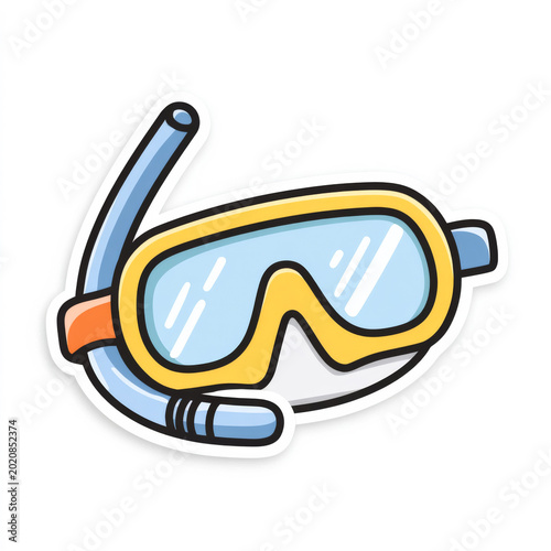 Cartoon snorkel and dive mask in blue and yellow with orange strap