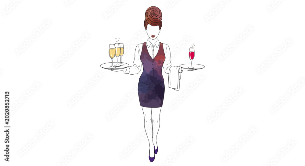 Fototapeta premium Elegant Abstract Watercolor Silhouette of a Waitress Carrying Champagne Glasses, Top View Line Art Illustration