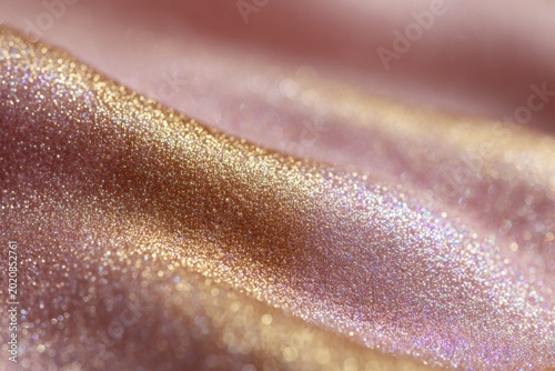 Close-up of shimmering rose gold fabric with sparkling glitter texture.