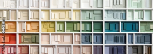 A large collection of paint color swatches arranged in a grid, showcasing a wide spectrum of hues.