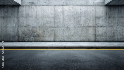 Concrete Wall and Asphalt Road with Yellow Line.