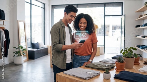 Shop Tech in action: A young couple interacts with a smart phone inside a well-lit fashion boutique, showing tech integration with shopping experience.