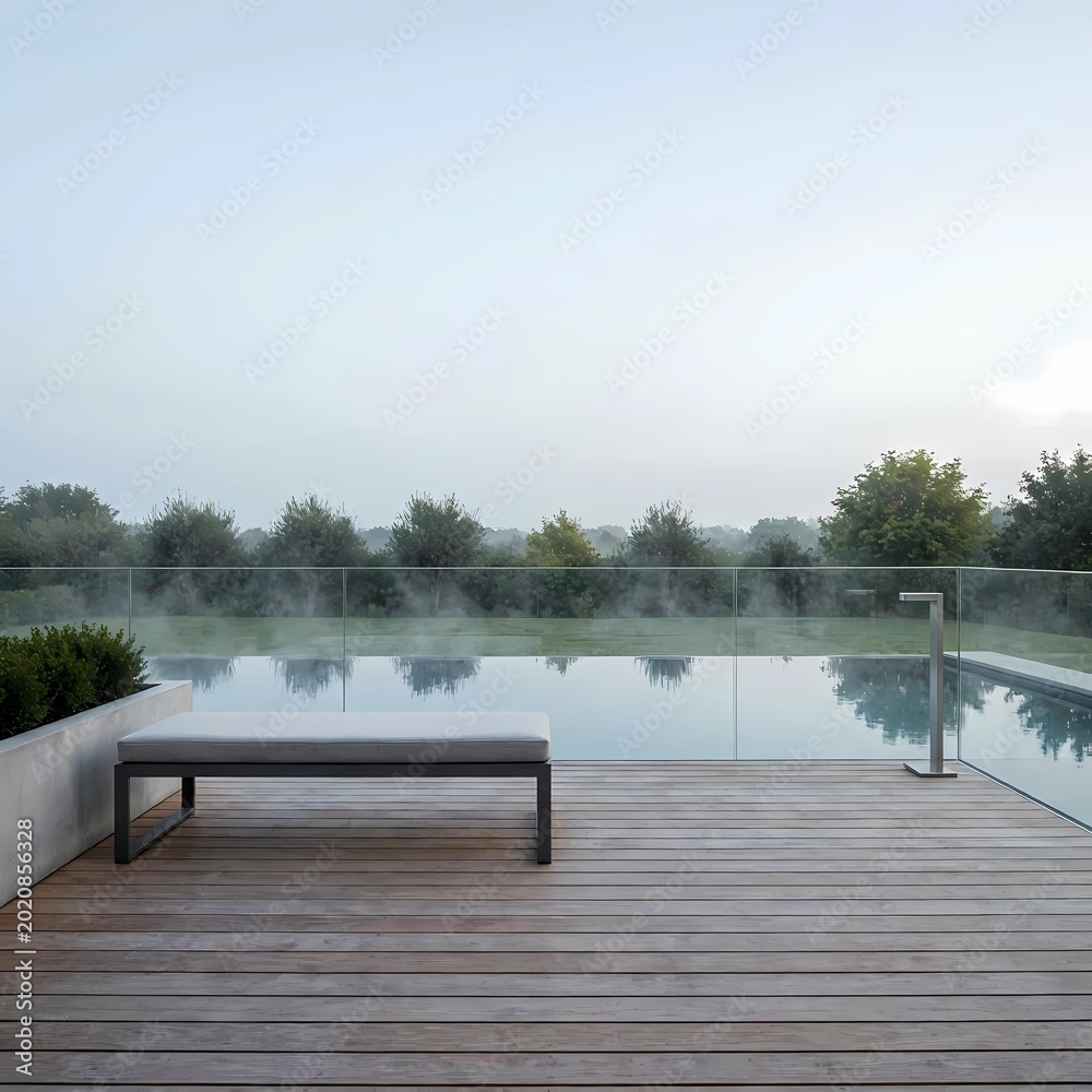 Obraz premium Modern minimalist terrace with infinity pool and wooden deck at dawn, misty morning landscape with elegant outdoor furniture for luxury resort background.