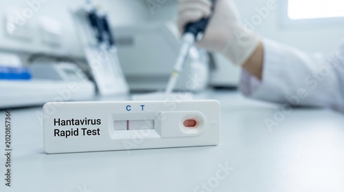 hantavirus disease symptoms Hantavirus Rapid Test Cassette with Positive Result in Laboratory Setting Photo for Medical Research, Healthcare Diagnostics & Clinical Education (JPG)