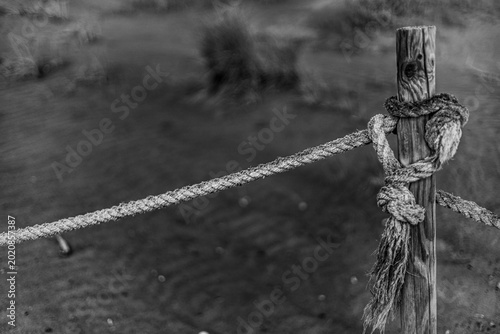A beach on a cloudy day with a pole and a rope
