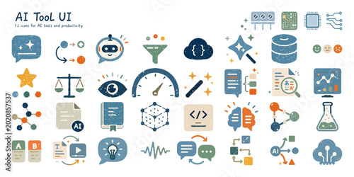     AIツールと生産性アプリのUIアイコンセット、テクノロジー素材／AI tool UI icons, productivity app, technology interface, workflow symbols
