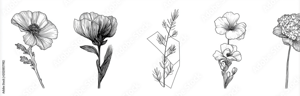 Obraz premium abstract botanical logo set, vector line drawing with simple shapes, floral elements, and geometric forms. monochromatic white background with a minimalistic design for branding in the style of minima