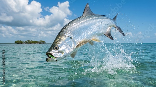 Silver Tarpon Fish Jumping Out of Water in Beautiful Blue Tropical Ocean