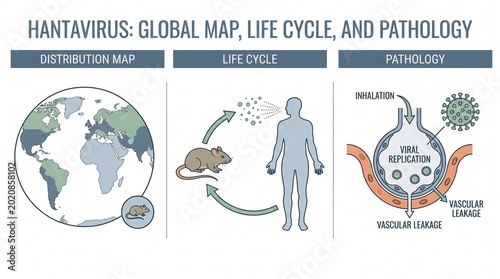 hantavirus disease symptoms Hantavirus Medical Infographic Showing Global Distribution Map Life Cycle and Pathology Photo for Healthcare Education, Scientific Research & Disease Prevention (JPG)