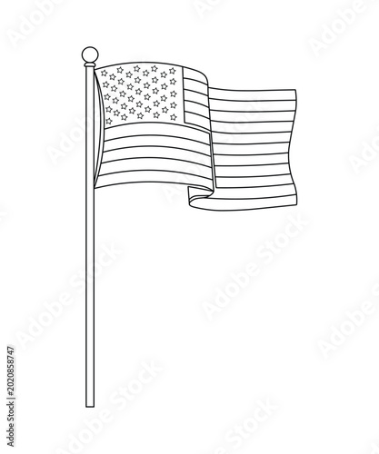 A black line drawing of the american flag waving a pole