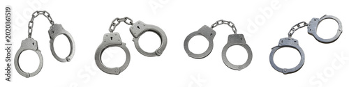 Photos Four Sets of Professional Steel Handcuffs Isolated on White Background - Realistic Silver Metal Manacles and Police Restraints for Criminal Justice and Security Concepts