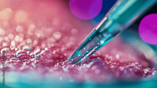 A scientist examining a slide with tiny, vibrant particles illuminated by blue light in a laboratory setting.