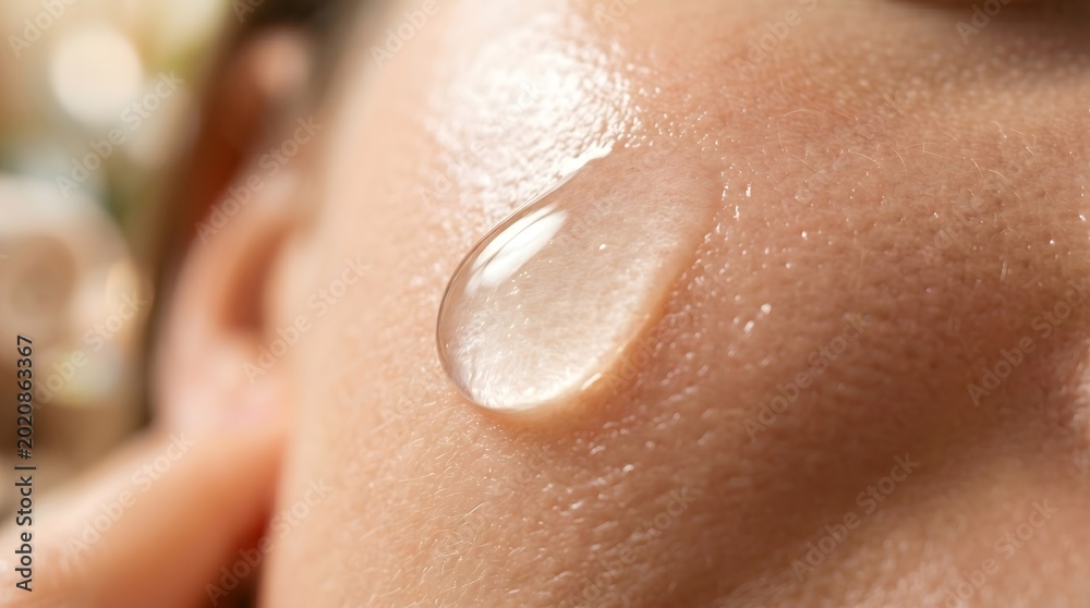 Fototapeta premium Close-up of a clear serum droplet on human skin for beauty and skincare concept