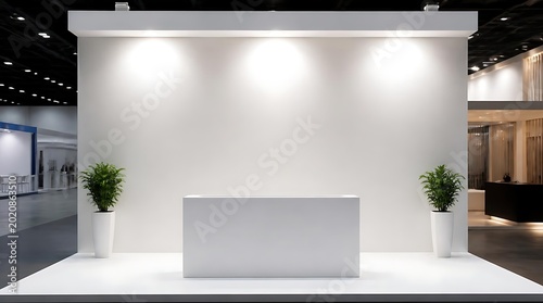 Modern exhibition booth with bright lights and potted plants minimalist design.