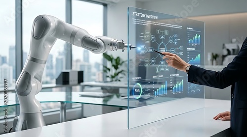 Robotic assistant collaborating with a person on a transparent touchscreen displaying data analysis in a modern office