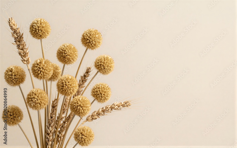 Fototapeta premium Golden dried flowers and wheat stalks arranged against a soft beige