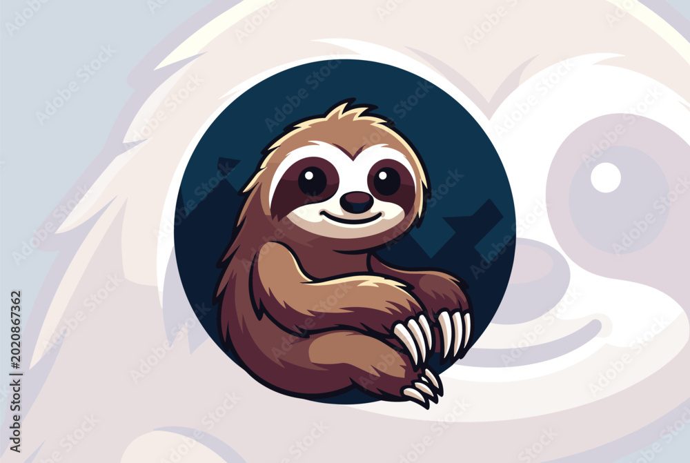 Naklejka premium Adorable cartoon sloth sitting with its claws visible inside a dark circular frame against a lighter background.