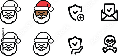 Tableau sur toile Cybersecurity icons with a skull and crossbones shield and Santa Claus for digit