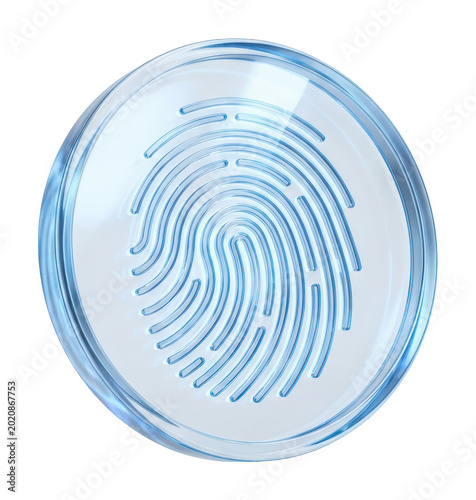 Blue glass fingerprint scanner icon with glossy surface and light reflections isolated transparent background image