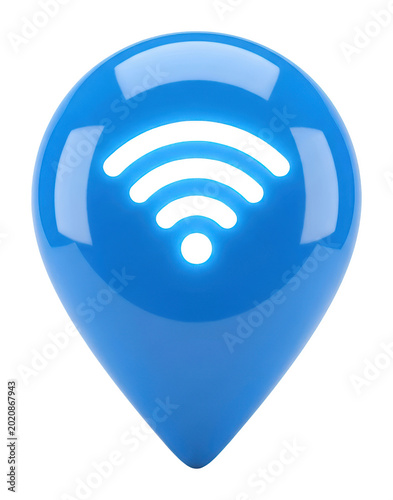 Blue glossy map pin with a white wifi symbol shows internet access location isolated transparent background image